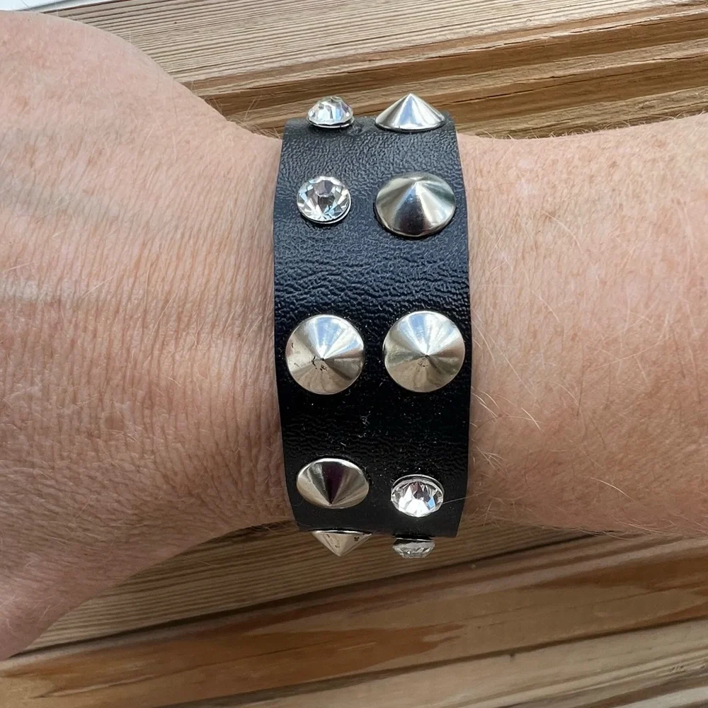 - Stud & Crystal Black Leather Cuff! NEW!